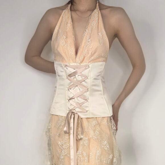 Vintage Coquette Corset Style Tiered Lace Formal Halter Dress Jessica Mcclintock - Picture 2 of 8